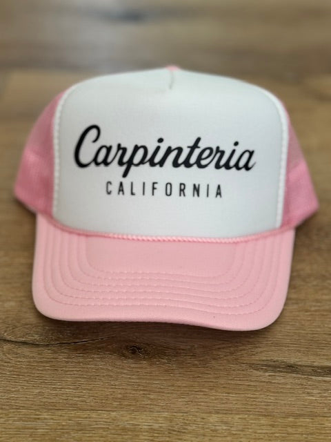 Carpinteria California Script trucker hat in pink and white with black script