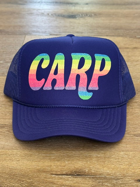 Rainbow CARP trucker hat in purple with multicolor lettering