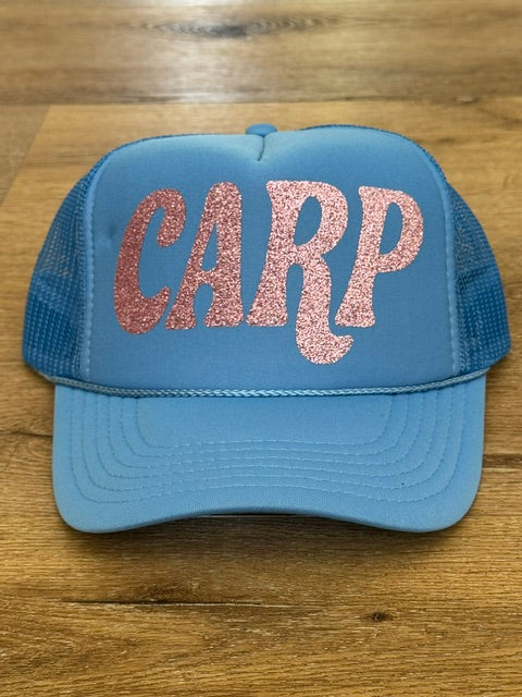 Sparkle CARP trucker hat in dusty blue with pink sparkle lettering