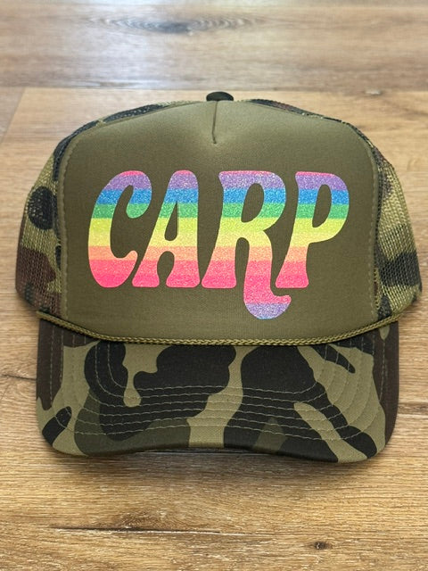 Rainbow CARP trucker hat in camouflage with multicolor lettering