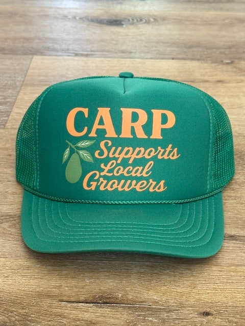 CARP Supports Local Growers trucker hat in green with peach lettering and avocado motif