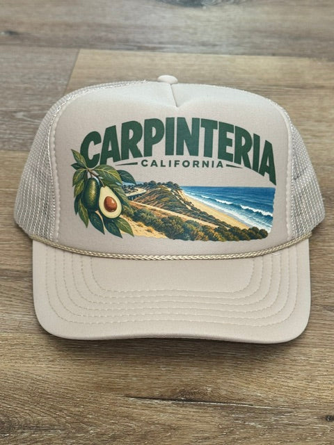 Carpinteria Landscape trucker hat in cream with coastal landscape patch