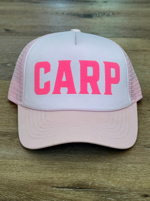Classic CARP trucker hat in white and light pink with pink lettering