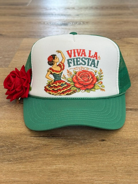 Viva La Fiesta trucker hat in green and white with floral fiesta graphic with red flower accent