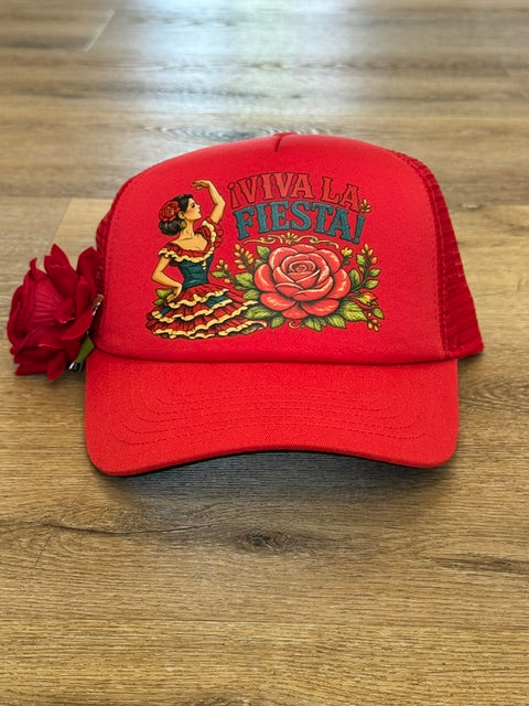 Viva La Fiesta trucker hat in red with floral fiesta graphic with red flower accent