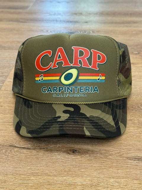 CARP Carpinteria Avocado trucker hat in camouflage with orange and teal lettering with avocado graphic