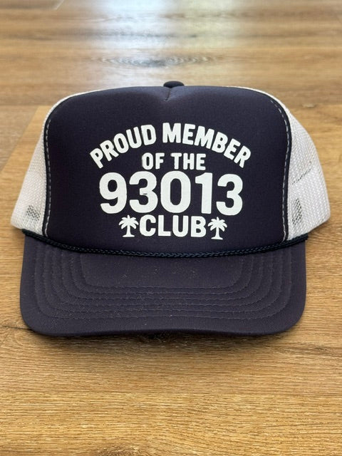 93013 Club trucker hat in navy and white with white lettering