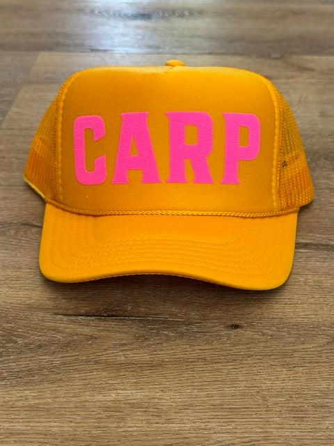 Classic CARP trucker hat in golden yellow with pink lettering
