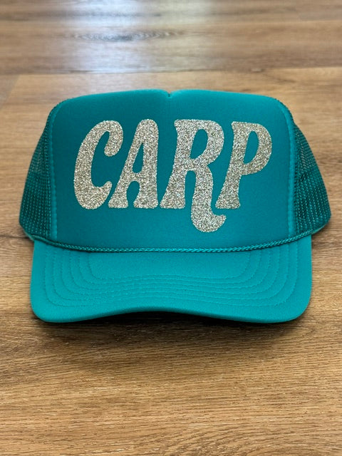 Sparkle CARP trucker hat in teal with gold sparkle lettering