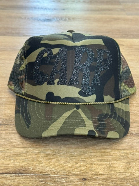 Sparkle CARP trucker hat in camouflage with black sparkle lettering