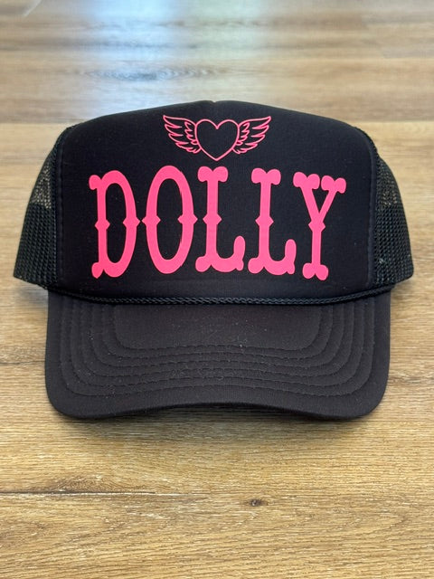 Dolly trucker hat in charcoal with pink lettering and dove graphic