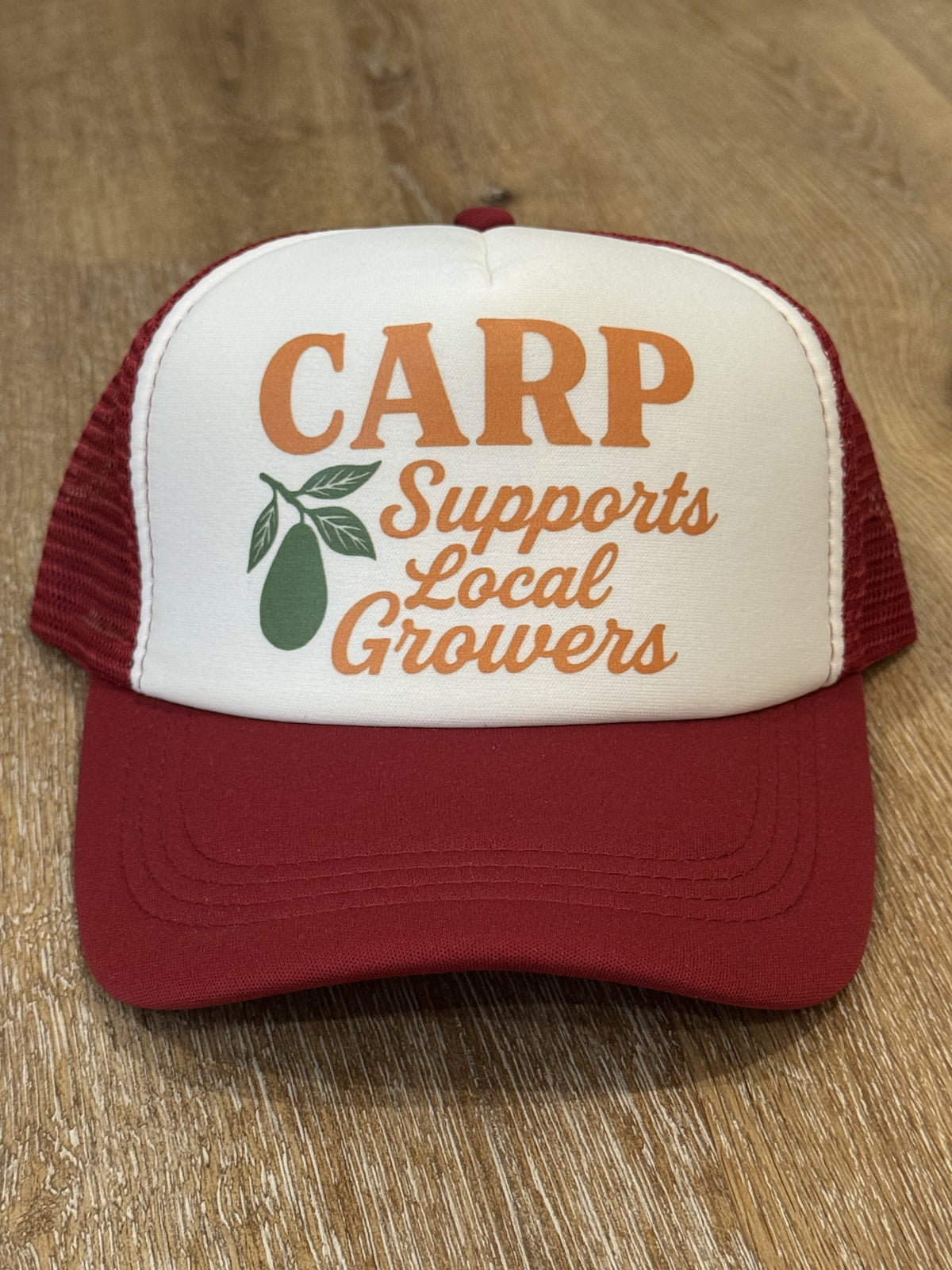Promotional CARP Supports Local Growers Trucker Hat – Burgundy, Burgundy and Cream