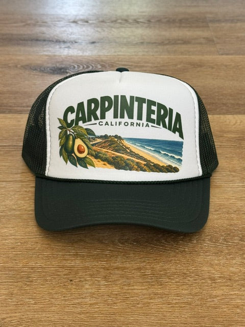 Carpinteria Landscape trucker hat in forest green and cream with coastal landscape patch