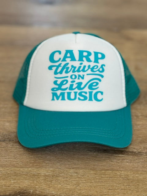 CARP Thrives on Live Music trucker hat in teal and white with teal and blue lettering