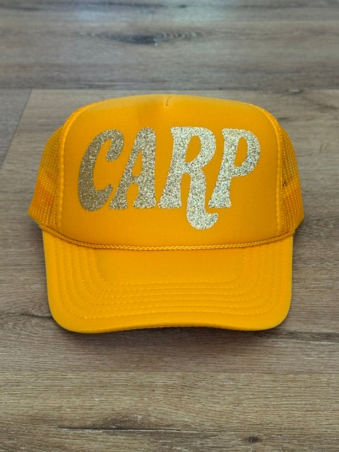 Sparkle CARP trucker hat in golden yellow with silver sparkle lettering