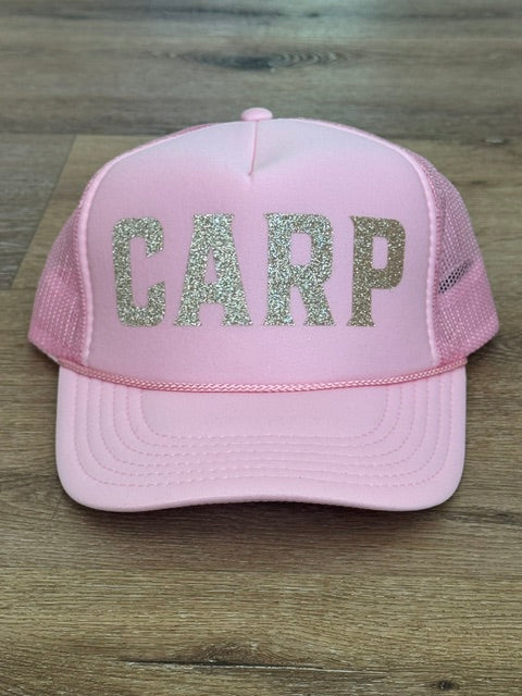 Sparkle CARP trucker hat in light pink with silver sparkle lettering