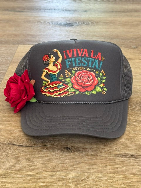 Viva La Fiesta trucker hat in charcoal with floral fiesta graphic with red flower accent