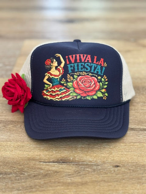 Viva La Fiesta trucker hat in navy and white with floral fiesta graphic with red flower accent