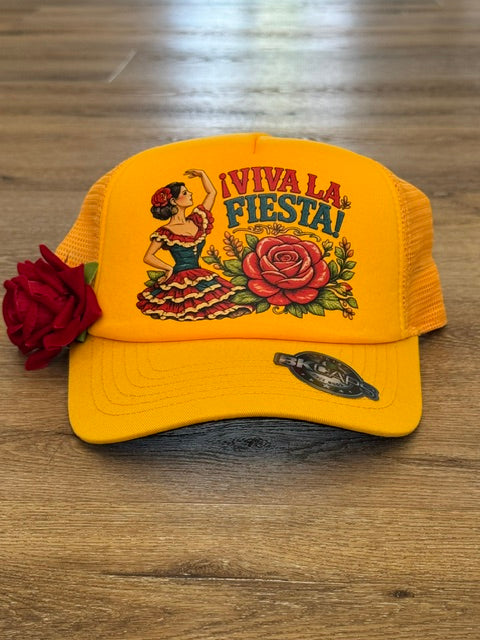 Viva La Fiesta trucker hat in yellow with floral fiesta graphic with red flower accent