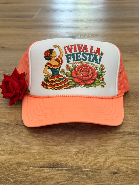 Viva La Fiesta trucker hat in coral and white with floral fiesta graphic with red flower accent