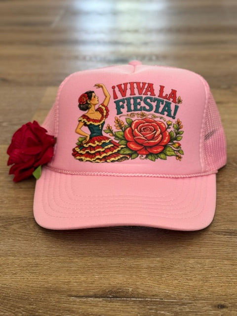 Viva La Fiesta trucker hat in pink with floral fiesta graphic with red flower accent