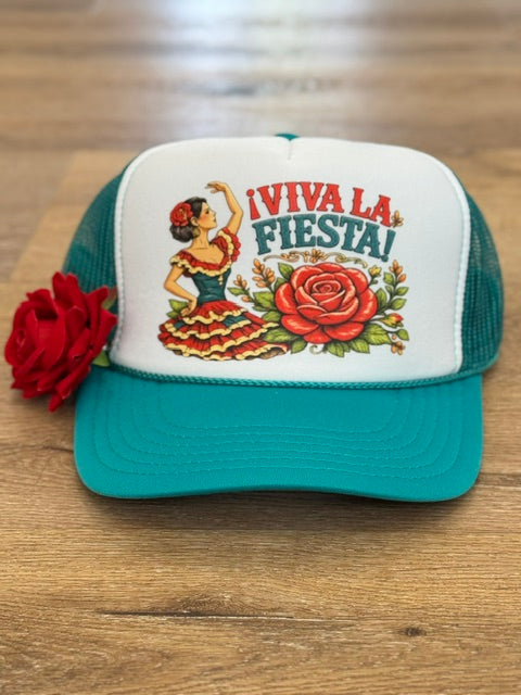 Viva La Fiesta trucker hat in teal and white with floral fiesta graphic with red flower accent
