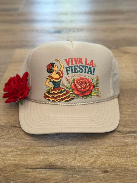 Viva La Fiesta trucker hat in cream with floral fiesta graphic with red flower accent