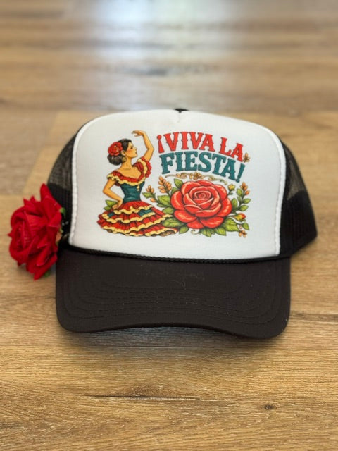 Viva La Fiesta trucker hat in black and white with floral fiesta graphic with red flower accent