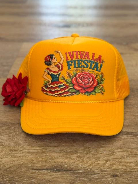 Viva La Fiesta trucker hat in yellow with floral fiesta graphic with red flower accent