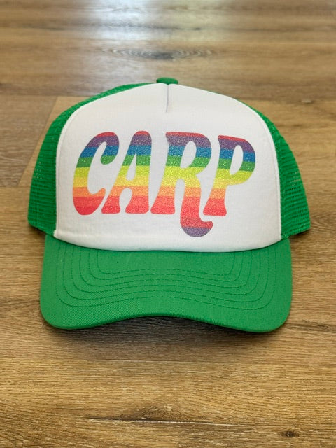 Rainbow CARP trucker hat in green and white with multicolor lettering