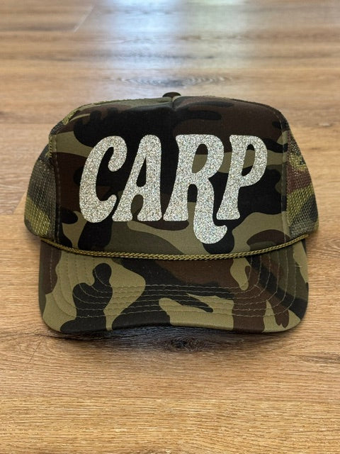 Sparkle CARP trucker hat in camouflage with silver sparkle lettering