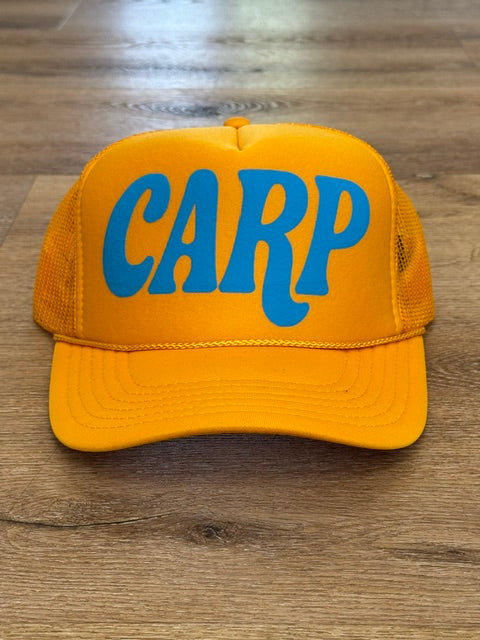 Classic CARP trucker hat in golden yellow with blue lettering