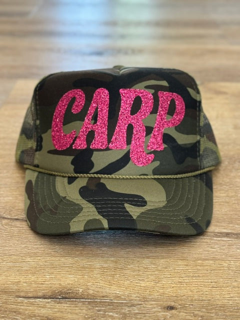 Sparkle CARP trucker hat in camouflage with pink sparkle lettering