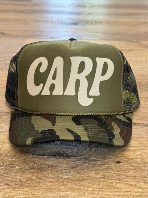 Classic CARP trucker hat in olive and camouflage with cream lettering