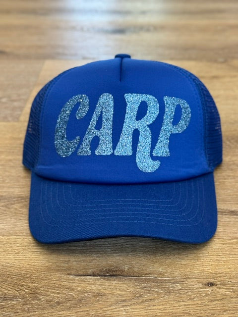 Sparkle CARP trucker hat in royal blue with blue sparkle lettering