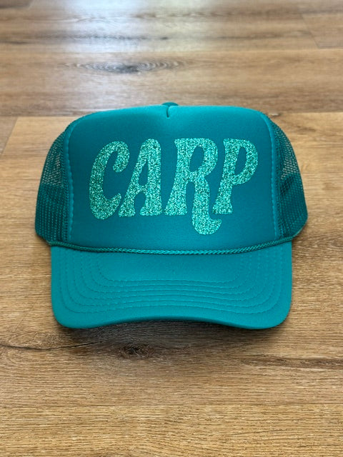Sparkle CARP trucker hat in teal with silver sparkle lettering