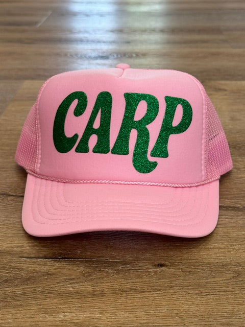 Classic CARP trucker hat in pink with green lettering