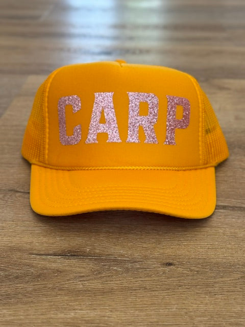 Sparkle CARP trucker hat in golden yellow with silver sparkle lettering