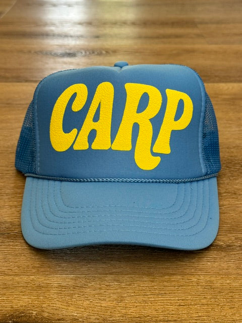 Classic CARP trucker hat in dusty blue with yellow lettering