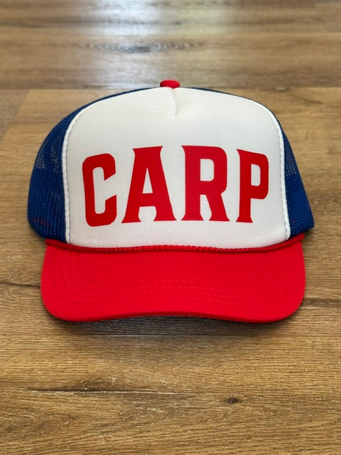 Kids Classic CARP trucker hat in red white and navy with red lettering