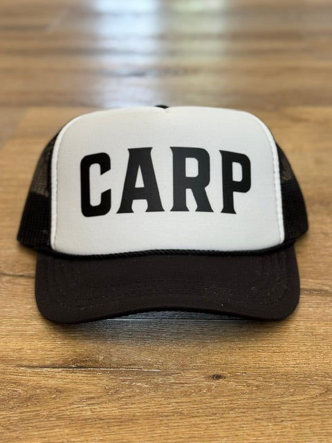 Kids Classic CARP trucker hat in black and white with black lettering