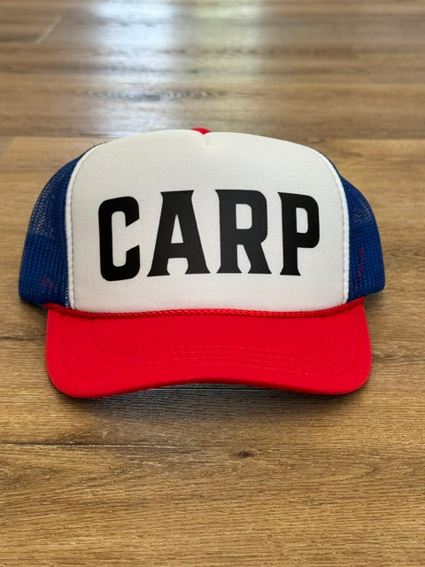 Kids Classic CARP trucker hat in red white and navy with black lettering
