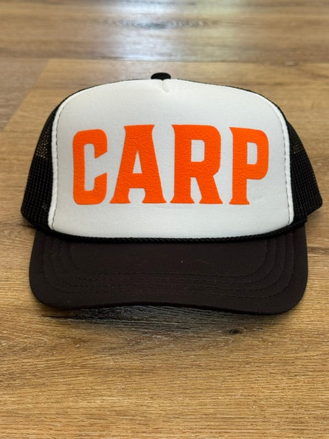 Kids Classic CARP trucker hat in black and white with orange lettering