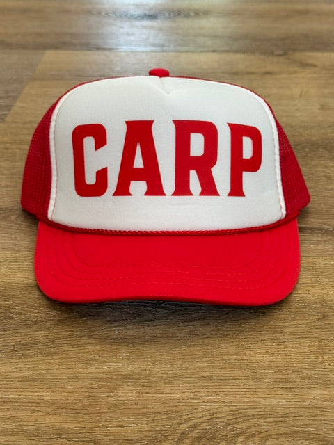 Kids Classic CARP trucker hat in red and white with red lettering