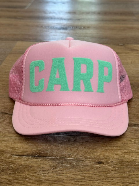 Kids Classic CARP trucker hat in pink with mint lettering