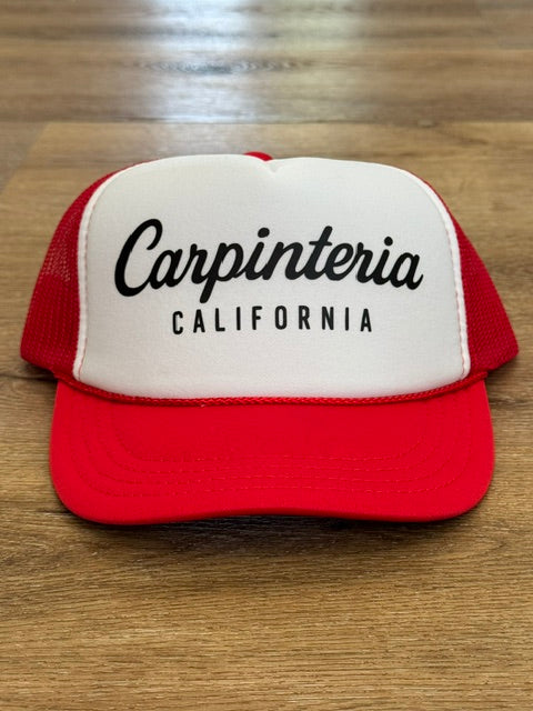 Kids Carpinteria California Script trucker hat in red and white with black script