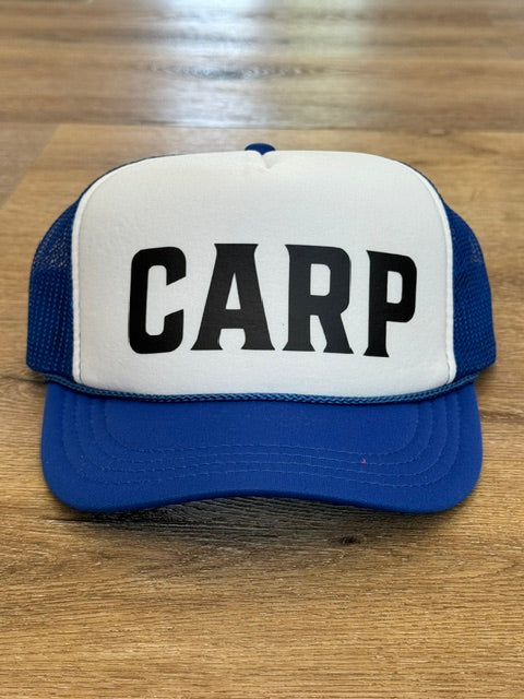 Kids Classic CARP trucker hat in blue and white with black lettering