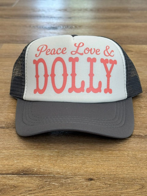 Peace Love and Dolly trucker hat in white and charcoal with pink lettering