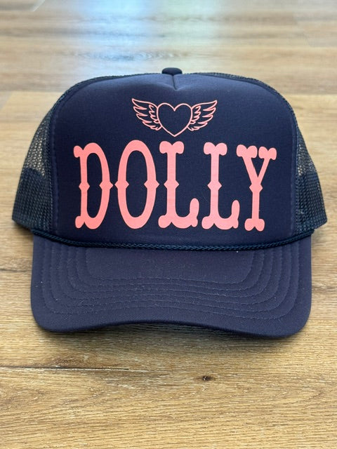 Dolly trucker hat in navy with pink lettering and dove graphic