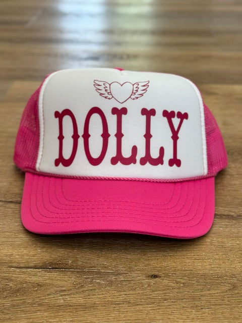 Dolly trucker hat in hot pink and white with burgundy lettering and dove graphic